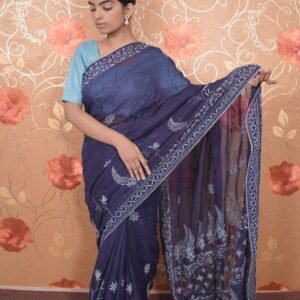 Dark Blue kota saree with floral hand embroidery all over