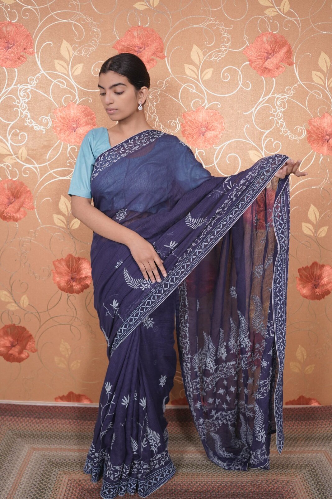 DSC08881 Dark Blue kota saree with floral hand embroidery all over - Image 1