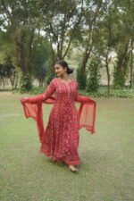 Red Georgette Anarkali with Blue Thread Work | Ethnic Wear - Image 5
