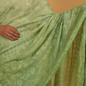 Green Kota Saree in handmade embroidery - Blouse included with lining