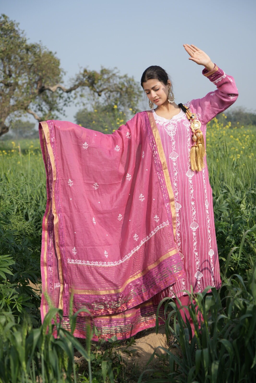 DSC08810 Person in traditional pink attire outdoors