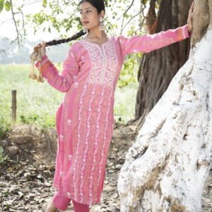 Bright Pink Chikankari Suit Set with Beadwork