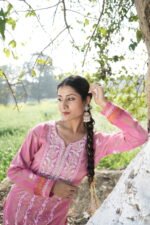 Bright Pink Chikankari Suit Set with Beadwork - Image 2