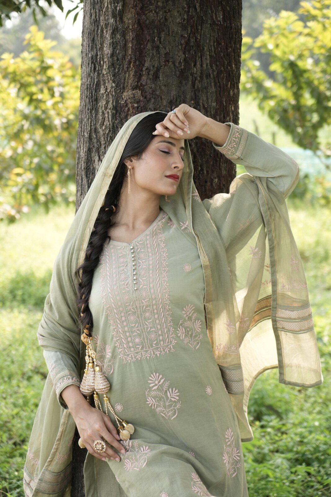 DSC09436 Sage Green Chikankari Suit Set with Beadwork - Image 1