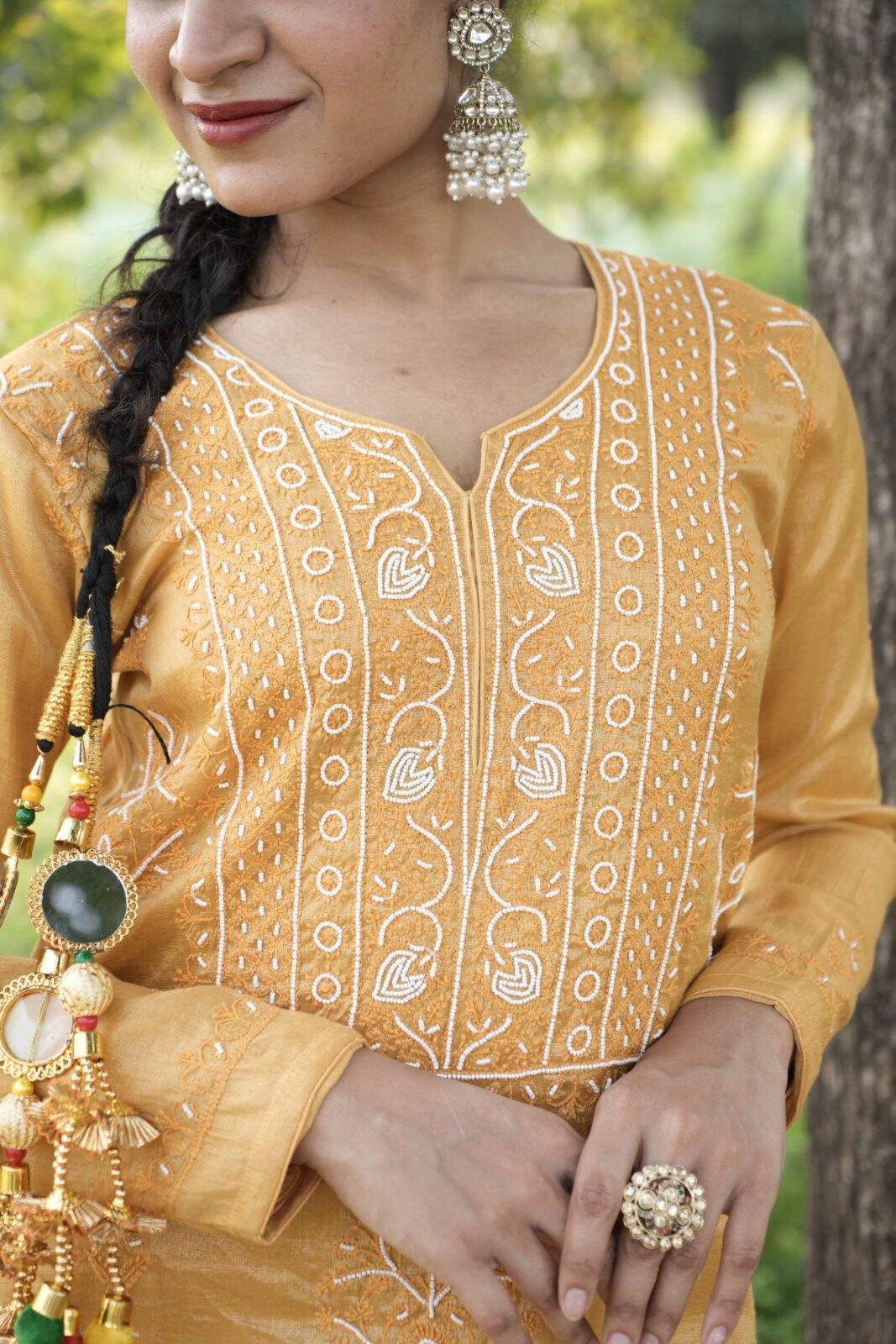 DSC09496 Mustard Yellow Chikankari Suit Set with Beadwork - Image 1