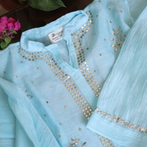 Sky Blue Pure Cotton Co-Ord Set with All-Over Antique Mukesh Embroidery