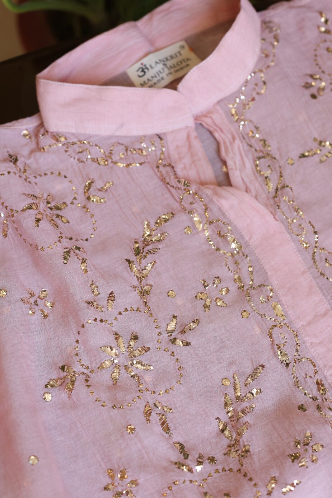 118A0134 Powder Pink Pure Cotton Co-Ord Set with All-Over Antique Mukesh Work - Image 1
