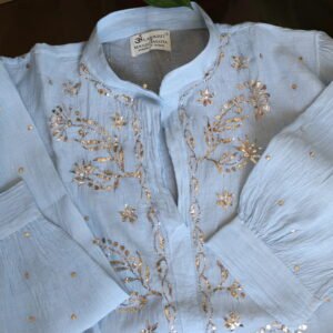 Powder Blue Pure Cotton Co-Ord Set with All-Over Antique Mukesh Work