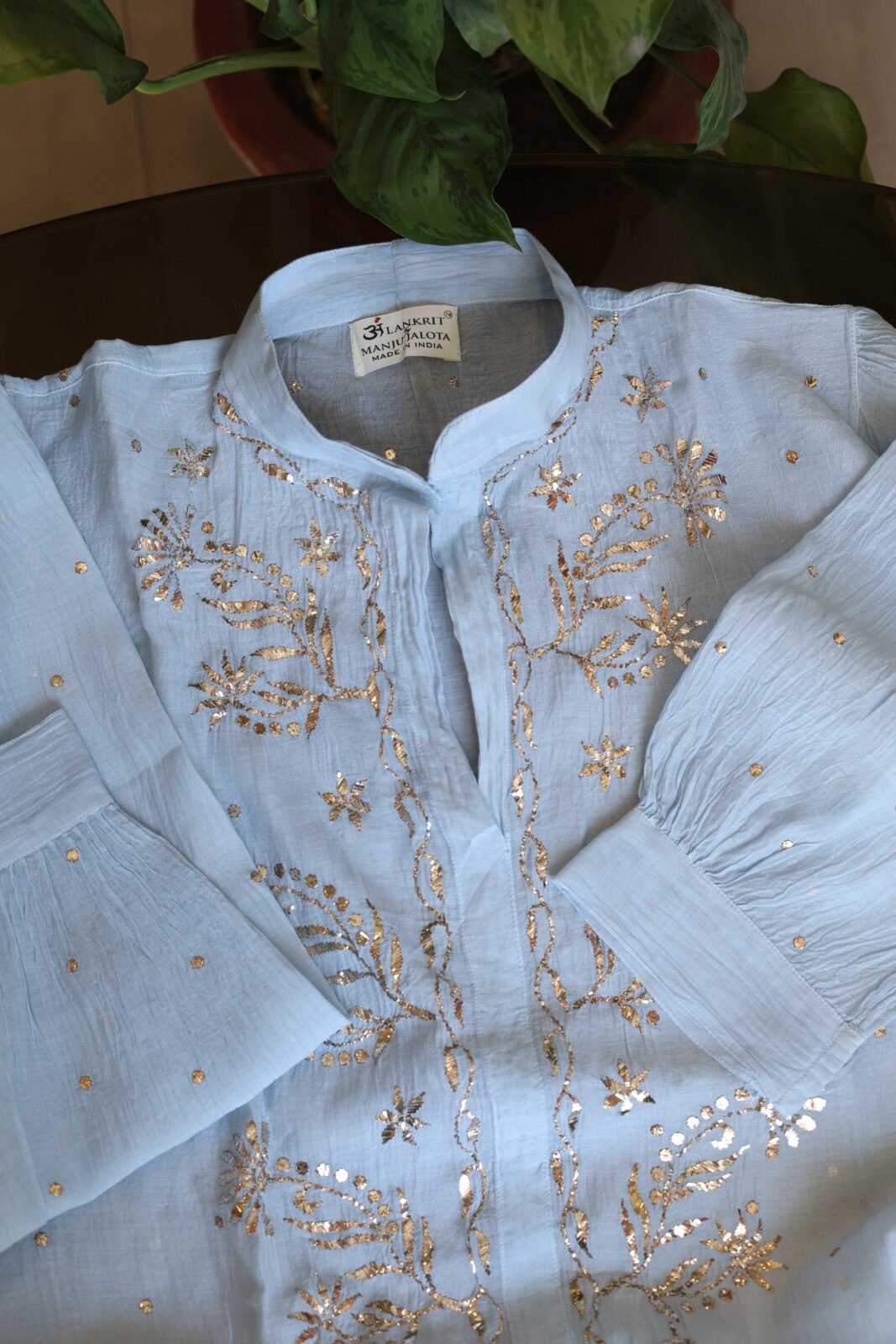 118A0148 Powder Blue Pure Cotton Co-Ord Set with All-Over Antique Mukesh Work - Image 1