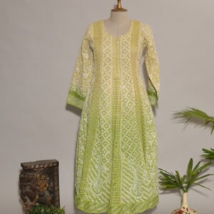 Lemon Ombre Shaded Cotton Kota Anarkali with Zardozi Golden Kasab Embroidery & Lace