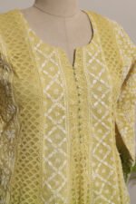 Lemon to Parrot Green Shaded Cotton Voil Anarkali with Gasspatti Phunda Cutwork - Image 2
