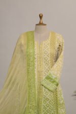 Lemon to Parrot Green Shaded Cotton Voil Anarkali with Gasspatti Phunda Cutwork - Image 5
