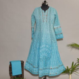 Electric Blue Shaded Cotton Voil Anarkali with Gasspatti Phunda & Golden Shimmer Border
