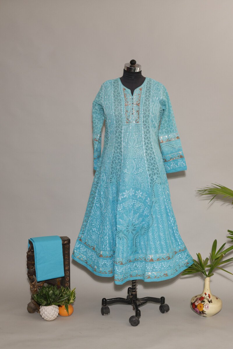 118A9177 Electric Blue Shaded Cotton Voil Anarkali with Gasspatti Phunda & Golden Shimmer Border - Image 1