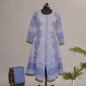 Powdered Blue Cotton Voil Jacket Anarkali with Dark Blue Gasspatti Cutwork