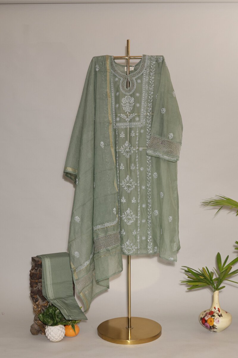 118A9307 Poisonous Green Pure Mul Cotton Semi-Stitched Suit with Shimmer & Lace - Image 1