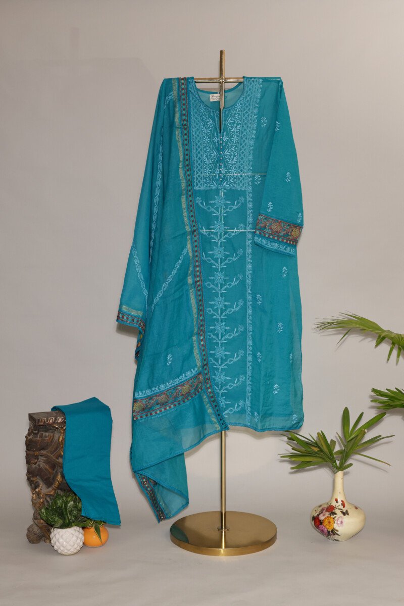 118A9334 Cobalt Blue Pure Mul Cotton Semi-Stitched Suit with Heavy Hand Embroidery - Image 1