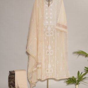 Beige Cream Pure Mul Cotton Semi-Stitched Suit with Croquette Lace