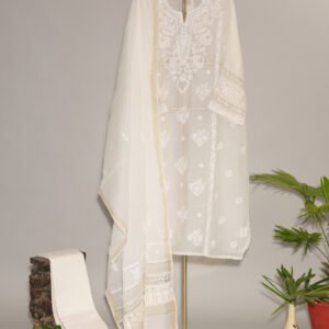 Cream Pure Mul Cotton Semi-Stitched Suit with Silver Latkans