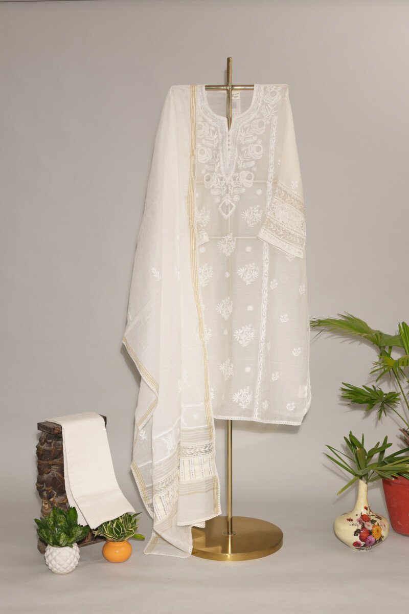 118A9383 Cream Pure Mul Cotton Semi-Stitched Suit with Silver Latkans - Image 1