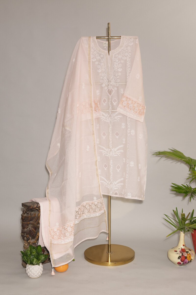 118A9417 Light Baby Pink Pure Mul Cotton Semi-Stitched Suit with Gota Piping - Image 1