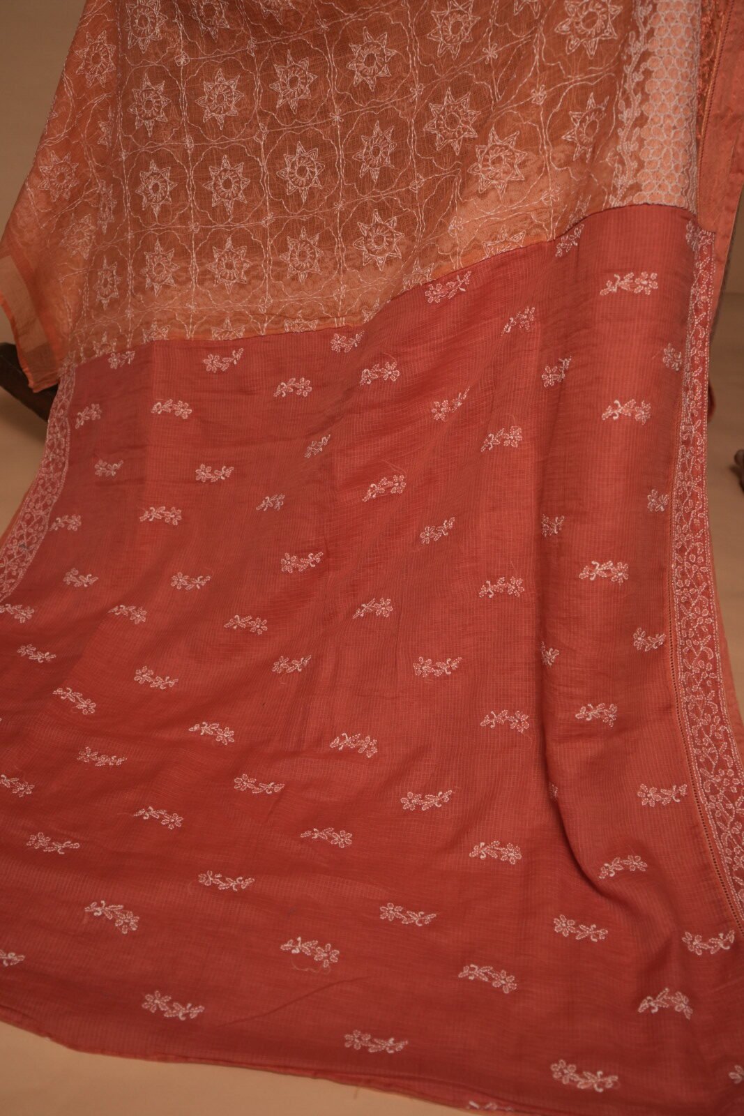 2510229 (1) Red & Orange Ombre Kota Saree with Bakhya & Tapchi Embroidery | Premium Hand-Embroidered Festive Saree - Image 1