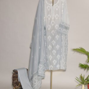 Grey Ombre Pure Mul Cotton Semi-Stitched Suit with Jali & Crotia Lace