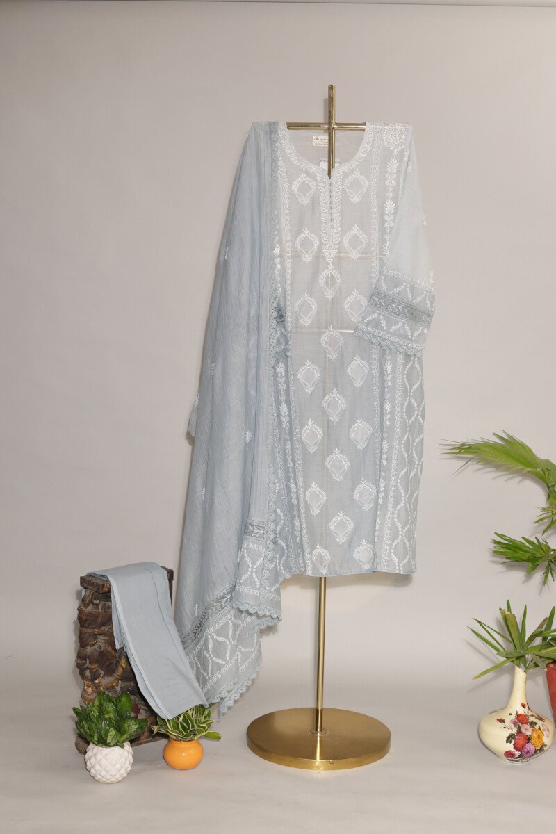 2604287 (5) Grey Ombre Pure Mul Cotton Semi-Stitched Suit with Jali & Crotia Lace - Image 1