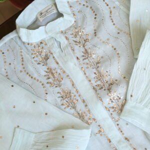 Sea Green Pure Cotton Co-Ord Set with All-Over Antique Mukesh Embroidery