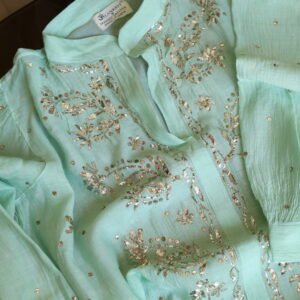 Fluorescent Green Pure Cotton Co-Ord Set with All-Over Antique Mukesh Work