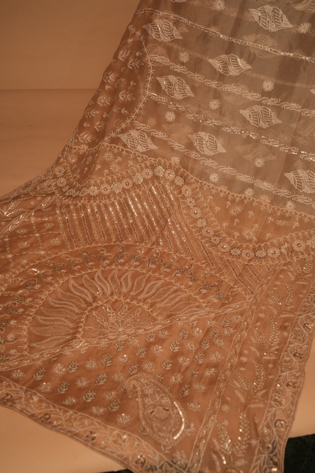 DSC00050 - Copy Luxury Beige Silk Organza Saree with All-Over Tapchi & Heavy Zardozi Embroidery | Premium Wedding Saree - Image 1
