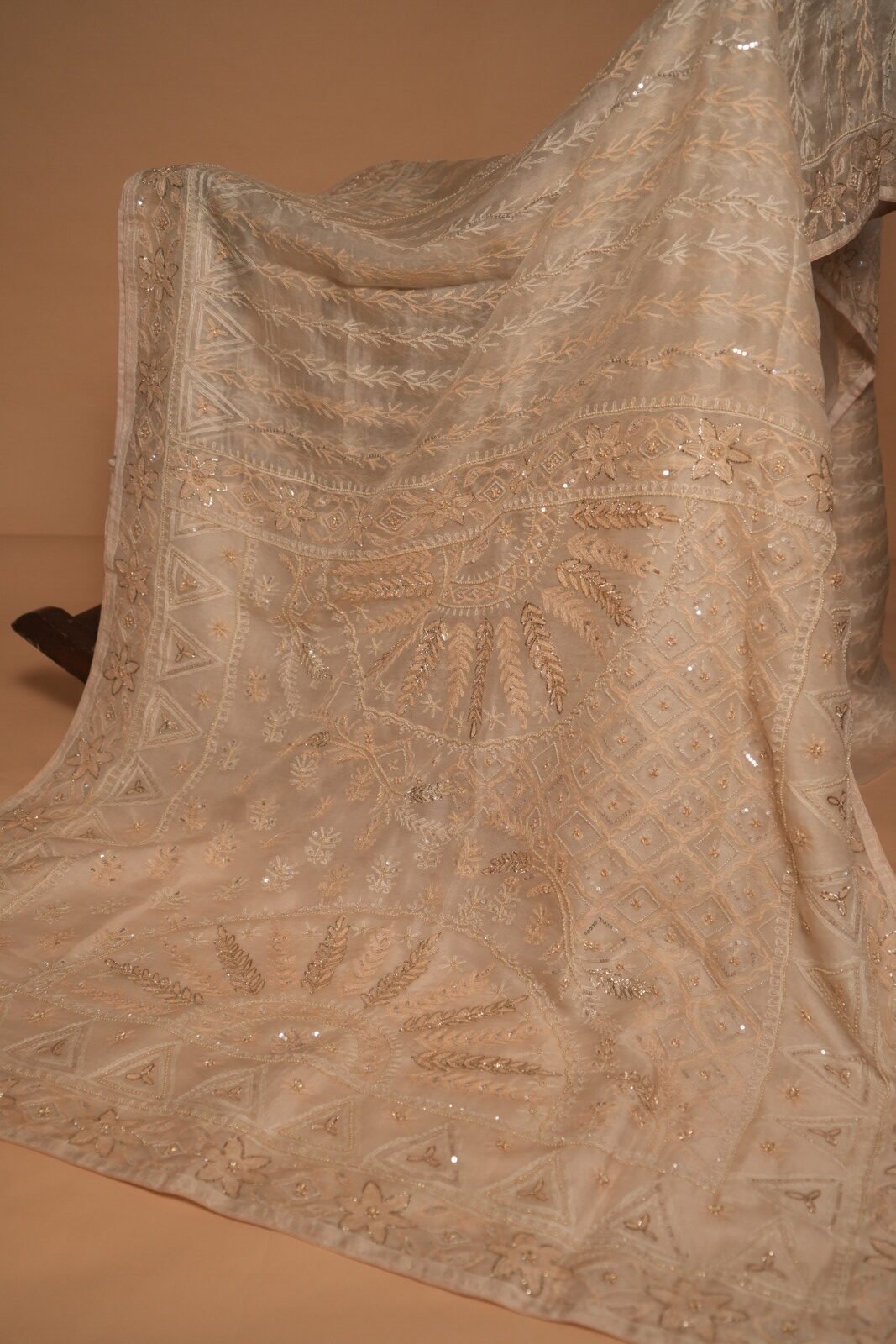 DSC09987 - Copy Luxury Beige Silk Organza Saree with All-Over Zardozi, Sequins & Bead Embroidery | Premium Bridal Saree - Image 1