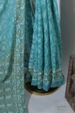 Dark Green & Blue Kota Doria Cotton Saree with Elegant Border - Image 3
