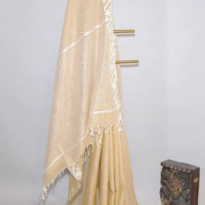 Golden Beige Linen Saree with Silver Border