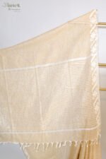 Golden Beige Linen Saree with Silver Border - Image 3