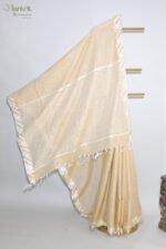 Golden Beige Linen Saree with Silver Border - Image 4