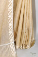 Golden Beige Linen Saree with Silver Border - Image 6