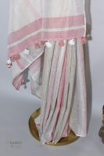 Off White Linen Saree with Dusty Blush Pink & Grey Stripes and Silver Border - Image 6