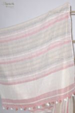 Off White Linen Saree with Dusty Blush Pink & Grey Stripes and Silver Border - Image 7