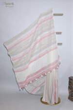 Off White Linen Saree with Dusty Blush Pink & Grey Stripes and Silver Border - Image 8