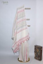 Off White Linen Saree with Dusty Blush Pink & Grey Stripes and Silver Border