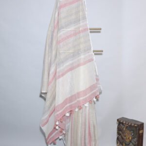 Off White Linen Saree with Dusty Blush Pink & Grey Stripes and Silver Border