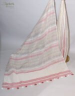 Off White Linen Saree with Dusty Blush Pink & Grey Stripes and Silver Border - Image 2