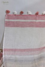 Off White Linen Saree with Dusty Blush Pink & Grey Stripes and Silver Border - Image 3