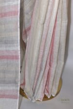 Off White Linen Saree with Dusty Blush Pink & Grey Stripes and Silver Border - Image 4