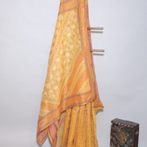 Marigold Yellow Organza Chikankari Saree with Pink, Purple & White Threadwork