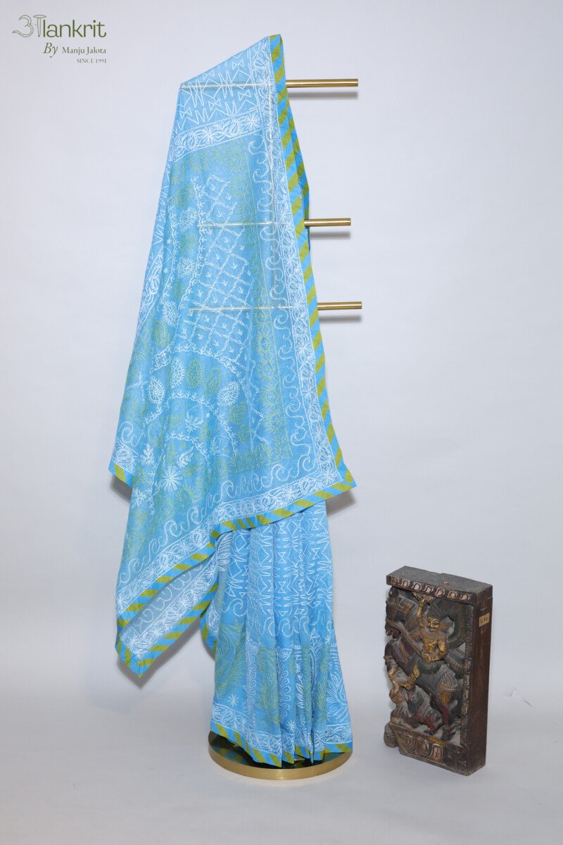 118A5486 Sky Blue Organza Chikankari Saree with Green & White Threadwork - Image 1
