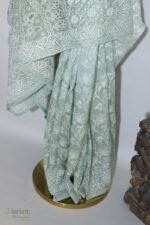 Sage Green Organza Chikankari Saree with White Threadwork - Image 7
