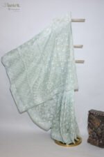 Sage Green Organza Chikankari Saree with White Threadwork