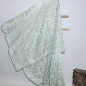 Sage Green Organza Chikankari Saree with White Threadwork